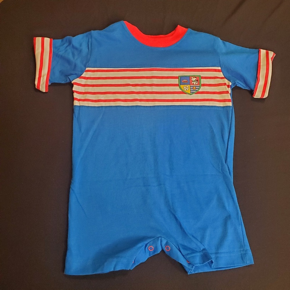 Vintage Sprocket Mervyn's One-Piece Romper Blue‎ Red Stripes Dog Patch 18 Mos